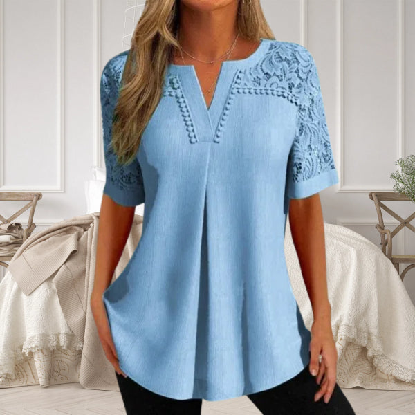 Feminine Lace Trim V Neck Women's Blouse
