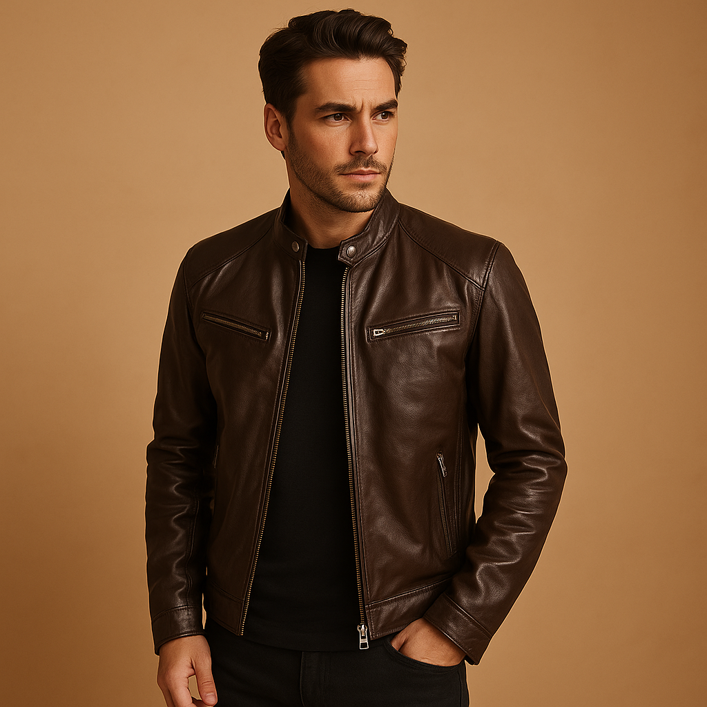 Men’s mid-season jacket with smooth synthetic finish, ideal for casual or formal wear in transitional seasons.