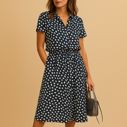 Women’s midi A-line dress with V-neckline, short sleeves, and button details, perfect for summer outings, casual wear, or chic occasions.