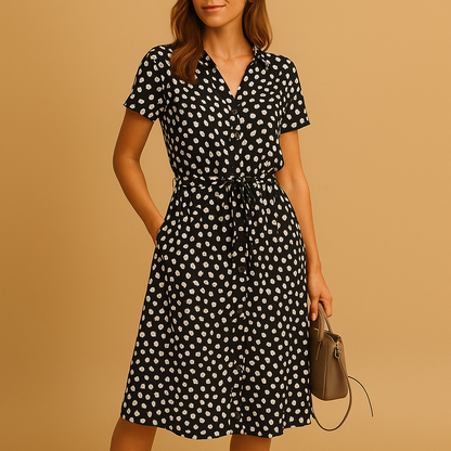 Women’s midi A-line dress with V-neckline, short sleeves, and button details, perfect for summer outings, casual wear, or chic occasions.