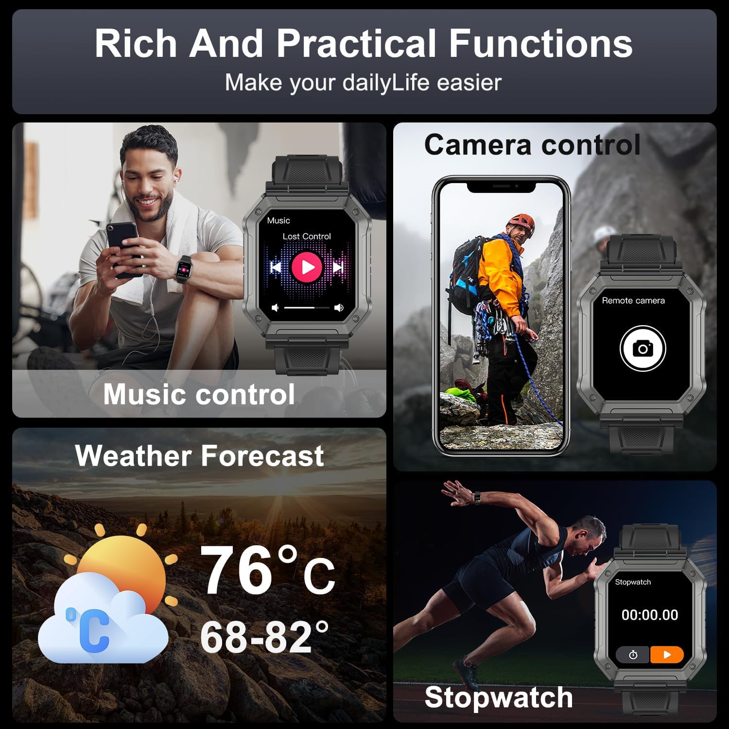 Military Smartwatch for Men with Fitness Tracker - Wayne-Black-Nora Luxe