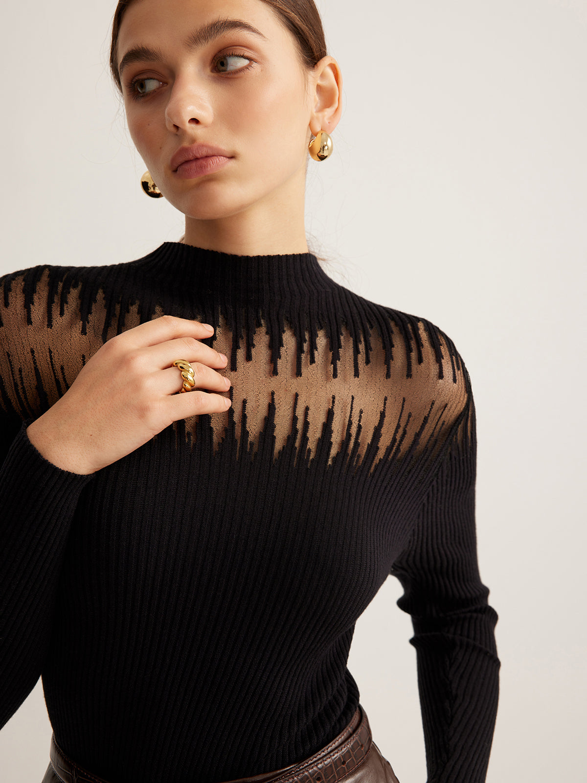 Semi Sheer Knit Crew Neck Women's Top