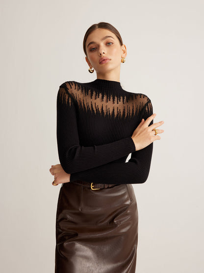 Semi Sheer Knit Crew Neck Women's Top