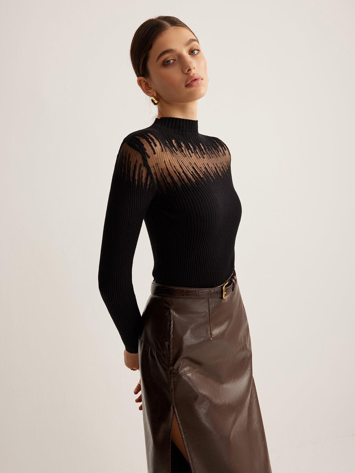 Semi Sheer Knit Crew Neck Women's Top