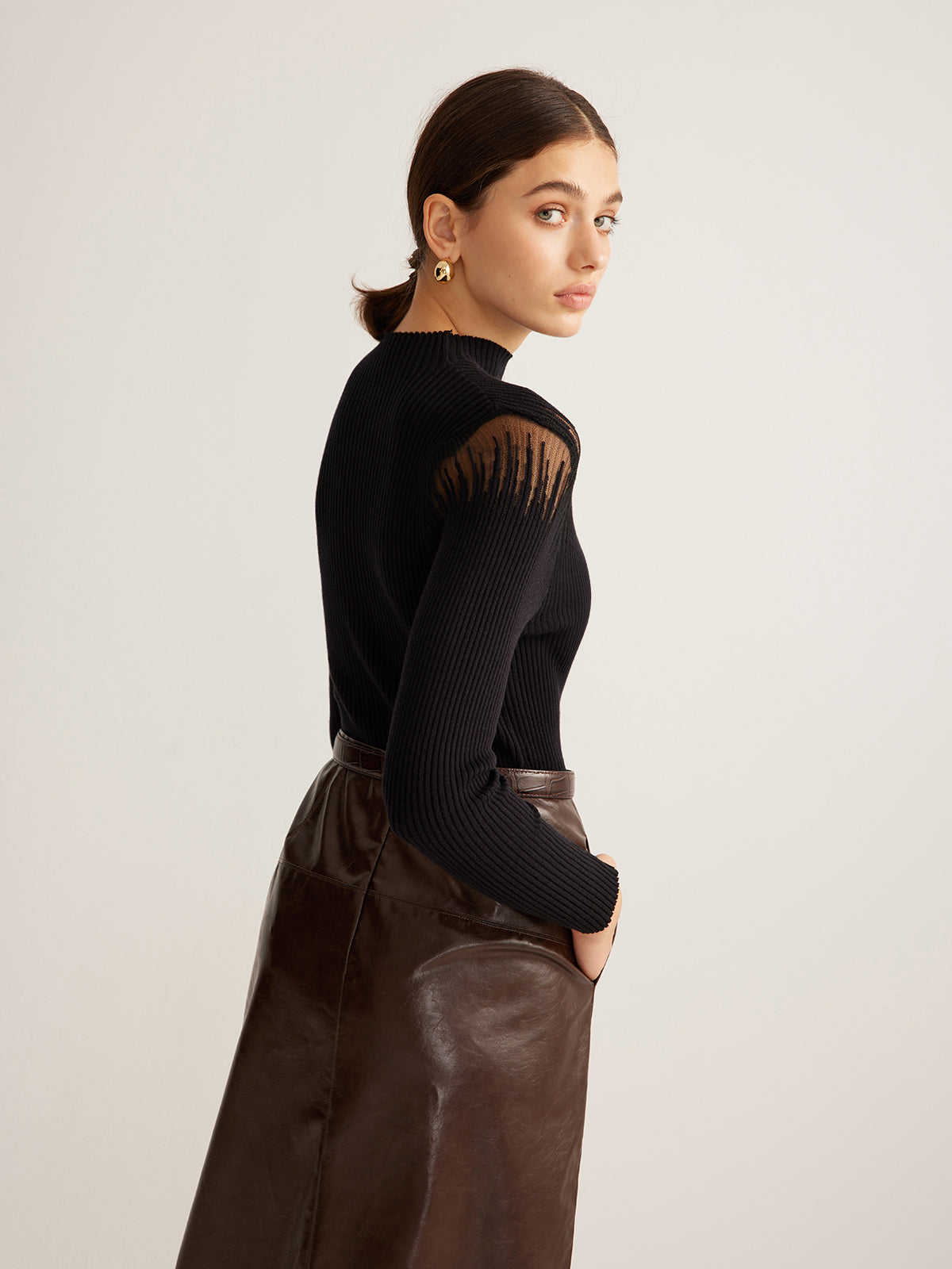 Semi Sheer Knit Crew Neck Women's Top