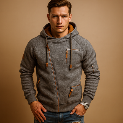 Men’s hooded zip jacket with pockets and urban design, perfect for autumn and winter casual or semi-formal outfits.