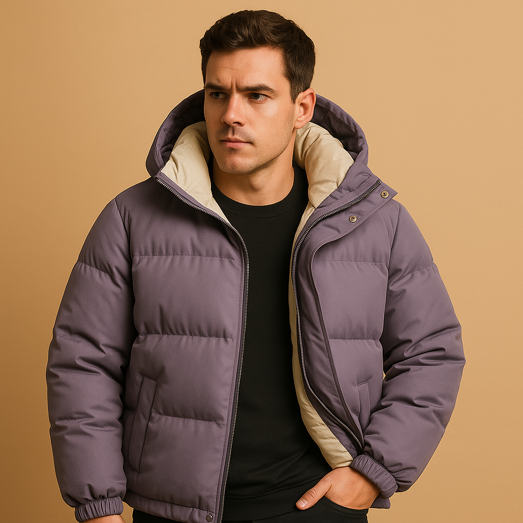 Men’s modern puffer jacket with quilted insulation, lightweight design, and hood, suitable for winter days and everyday wear.