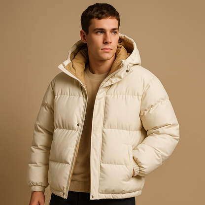 Men’s modern puffer jacket with quilted insulation, lightweight design, and hood, suitable for winter days and everyday wear.