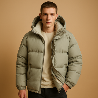 Men’s modern puffer jacket with hood and padded insulation, offering warmth, comfort, and a sporty style for winter and outdoor wear.