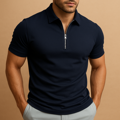 Men’s slim fit polo shirt with zipper neckline, modern cut, and breathable stain-resistant fabric. Perfect for work, leisure, or casual wear.