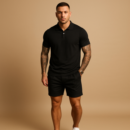 Modern streetwear set for men with matching shirt and shorts in a casual fit. Perfect for daily wear, urban style, and informal occasions.