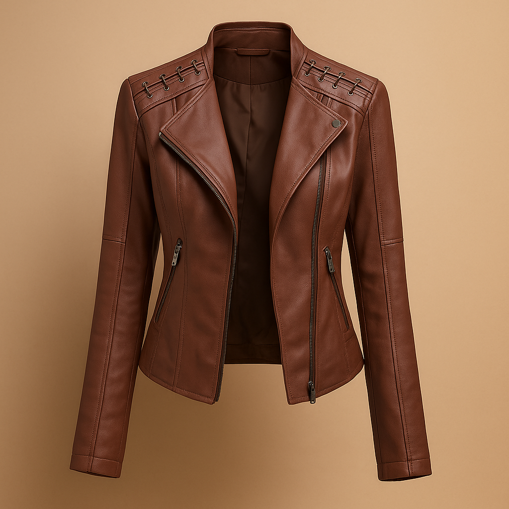 Women’s jacket with stand-up collar, symmetrical zipper, and functional pockets, perfect for spring and autumn styling.