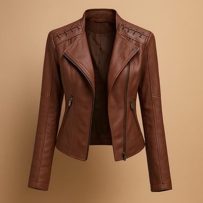 Women’s jacket with stand-up collar, symmetrical zipper, and functional pockets, perfect for spring and autumn styling.