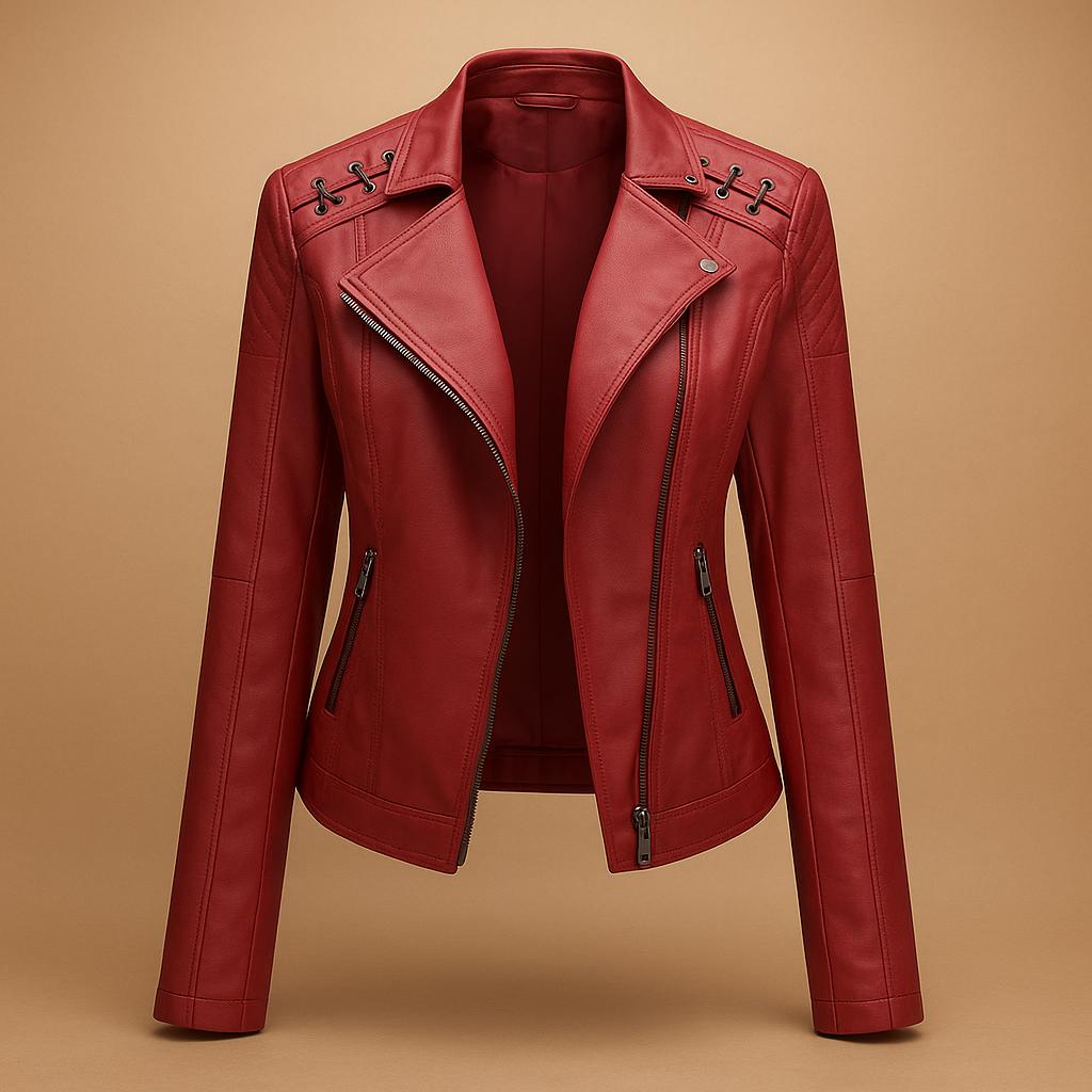 Women’s jacket with stand-up collar, symmetrical zipper, and functional pockets, perfect for spring and autumn styling.