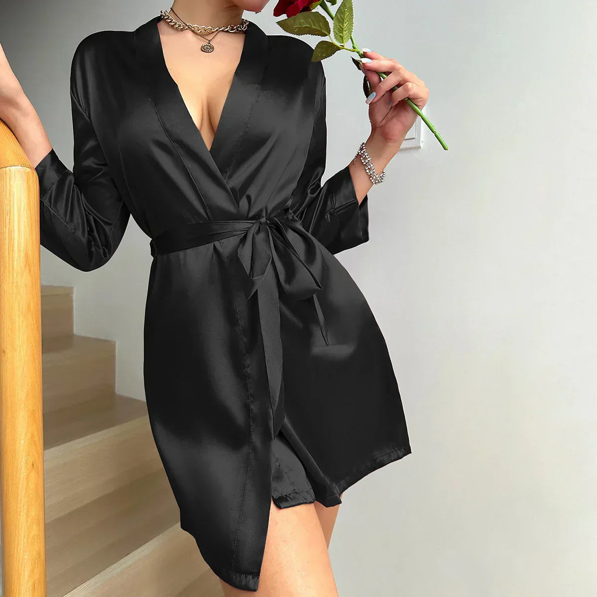 Elegant Day Dress in Smooth Silk with Lace Detail - Pexav