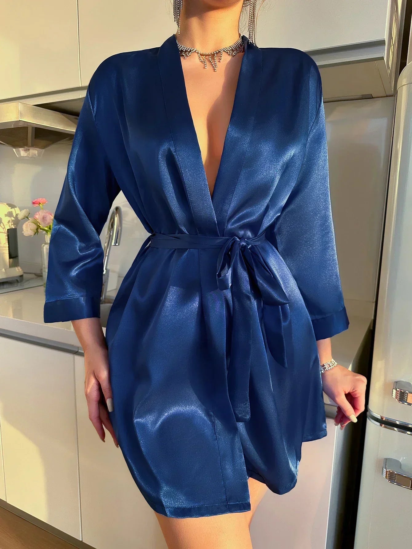 Morning dress made of Glacé Silk with Lace Closure – Noémie-Blue-M-State of Style