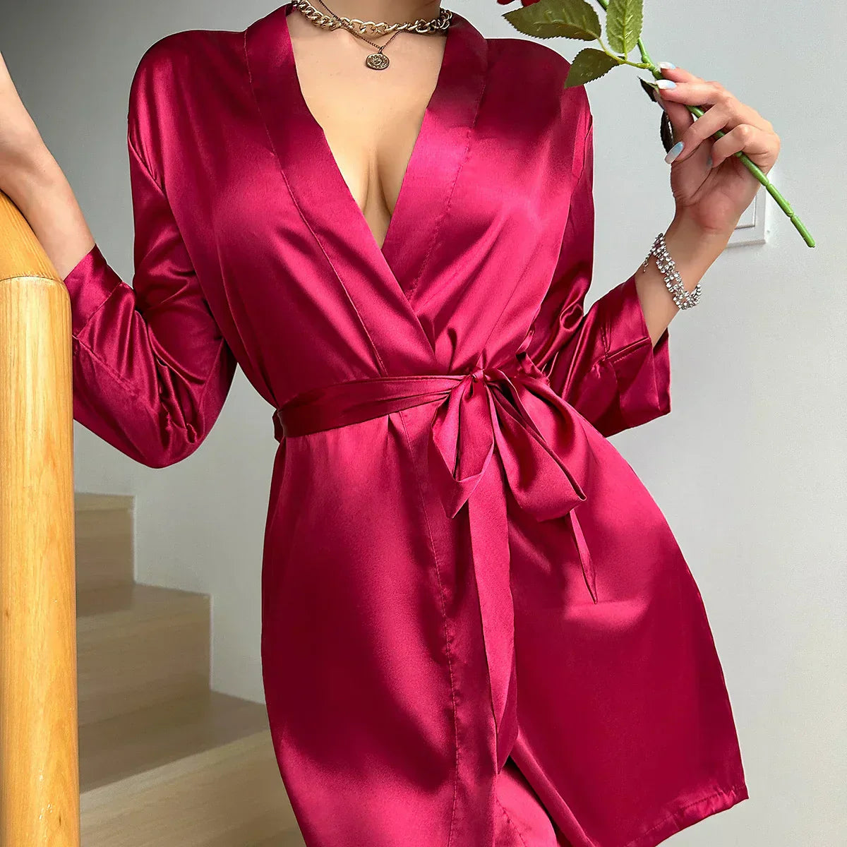 Morning dress made of Glacé Silk with Lace Closure – Noémie-Red-S-State of Style