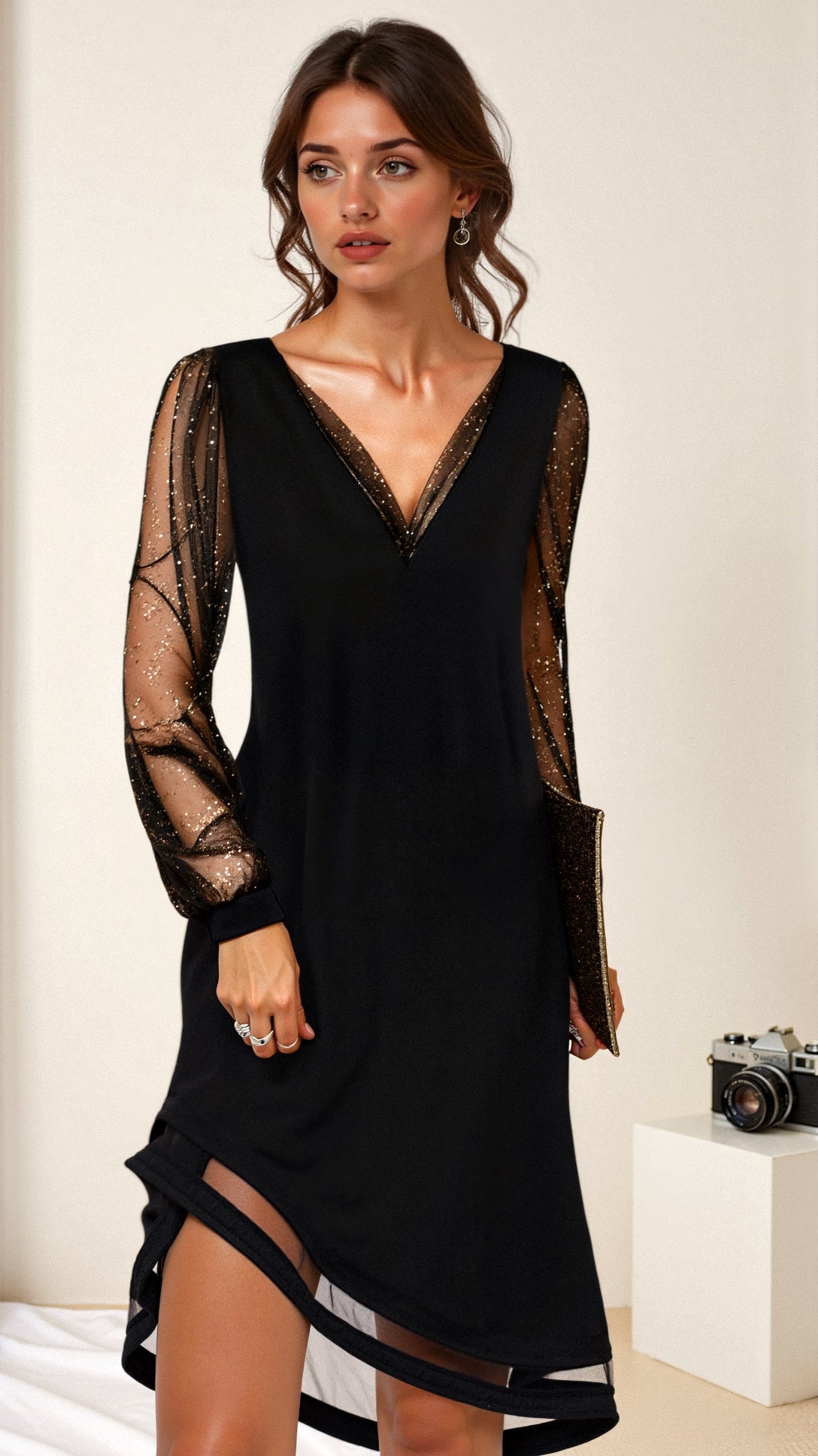 Feminine V Neck Mini Dress with Lace Sleeves - Nocini