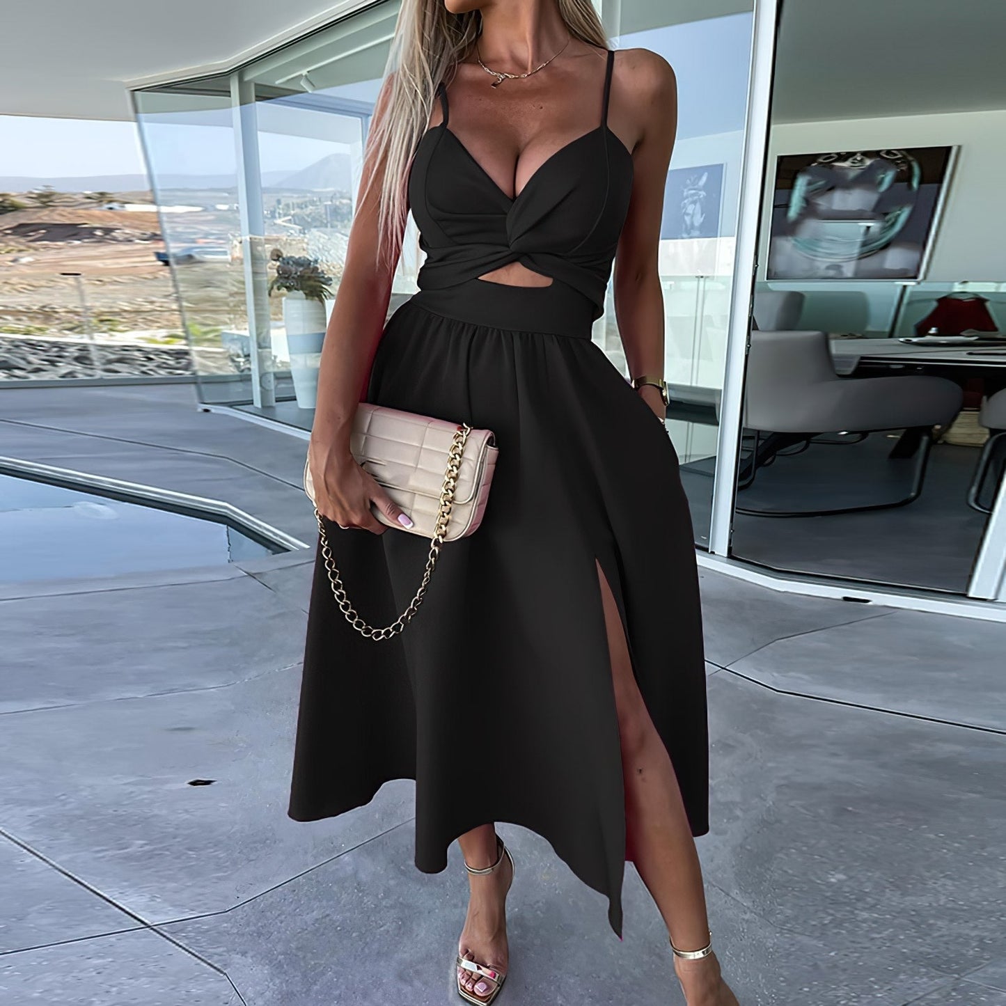 Casual A-Line Midi Dress with Flowy Skirt