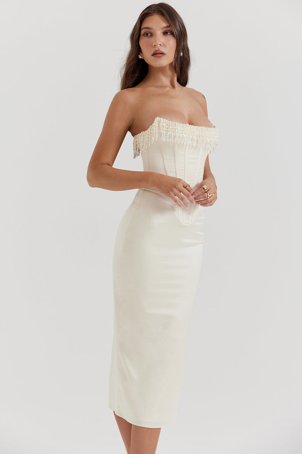 Women's Elegant Strapless Satin Mid Length Dress - Nocini