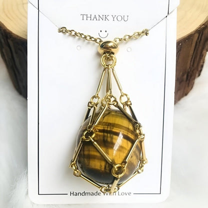 Necklace with Crystal Holder Pendant - CrystalGuard-Gold-Tiger's eye-Nora Luxe