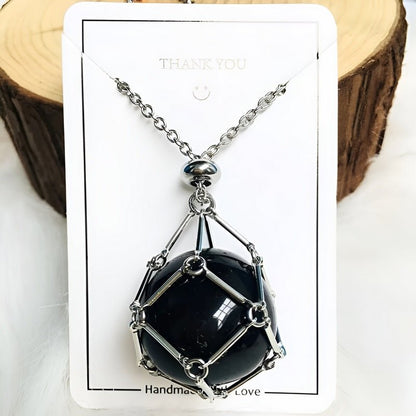 Necklace with Crystal Holder Pendant - CrystalGuard-Silver-Black Onyx-Nora Luxe