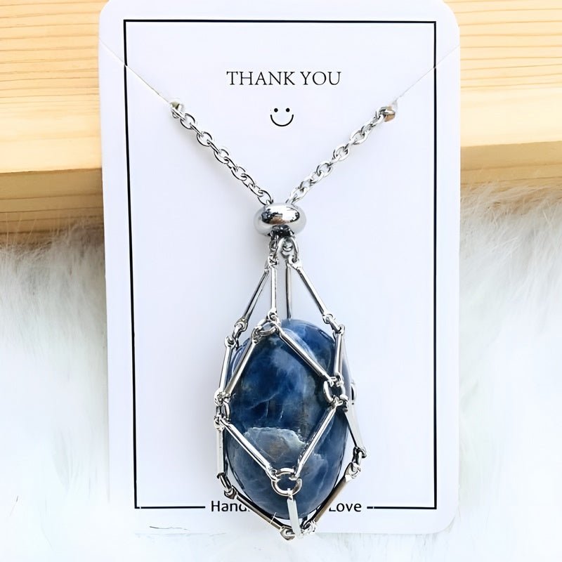 Necklace with Crystal Holder Pendant - CrystalGuard-Silver-Sapphire-Nora Luxe