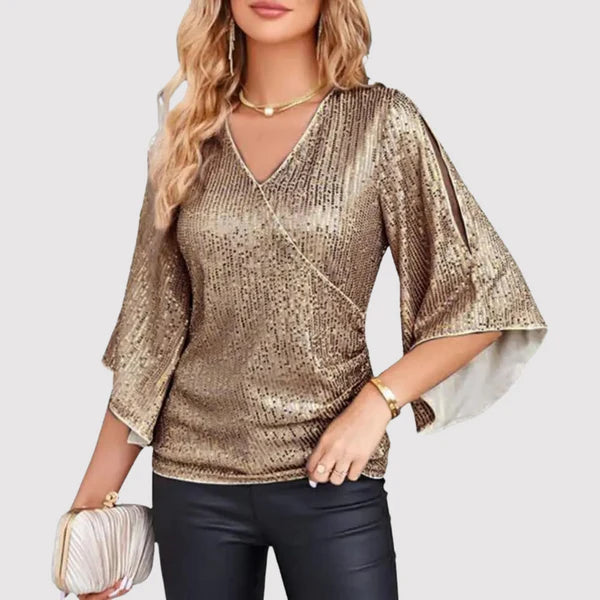 Women's V-Neck Wrap Blouse with Sparkly Ruffled Sleeves - Nocini