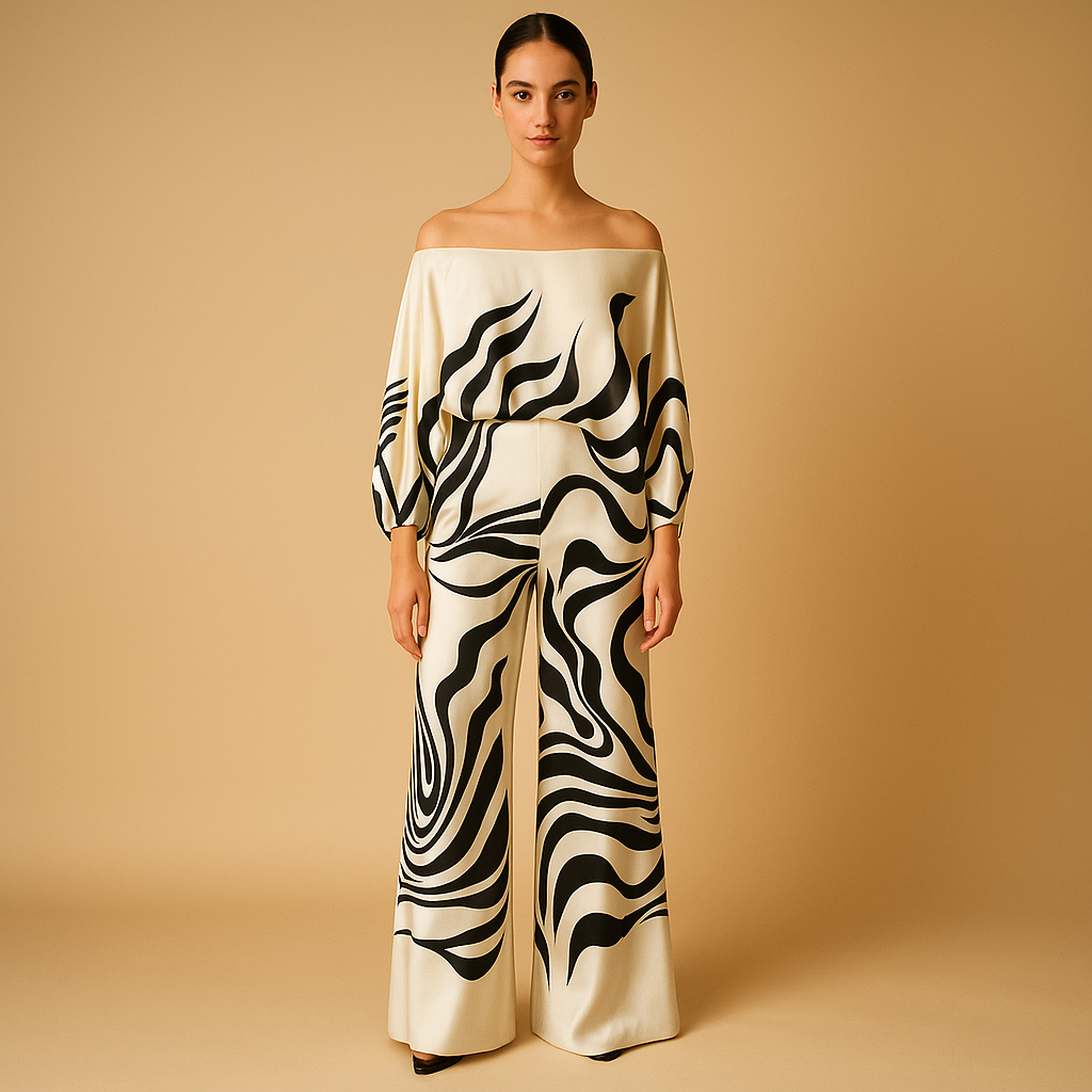 Women’s two-piece off-shoulder set with balloon-sleeve top and wide-leg pants, ideal for summer evenings, holidays, and elegant daily outfits.