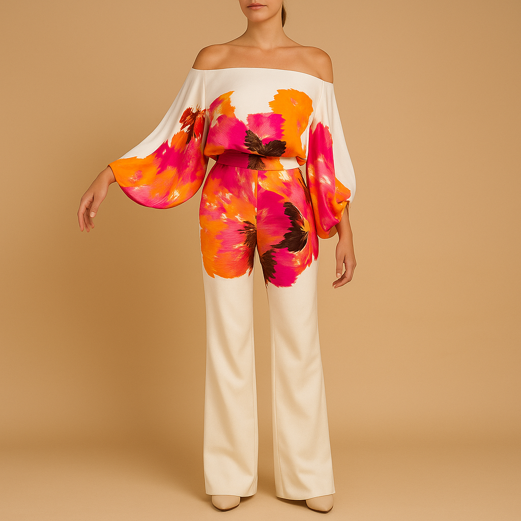 Women’s two-piece off-shoulder set with balloon-sleeve top and wide-leg pants, ideal for summer evenings, holidays, and elegant daily outfits.