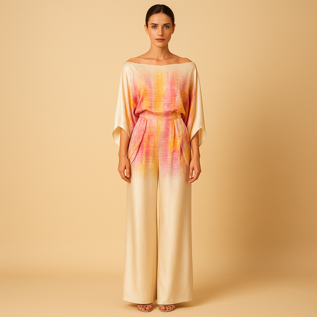 Women’s two-piece off-shoulder set with balloon-sleeve top and wide-leg pants, ideal for summer evenings, holidays, and elegant daily outfits.