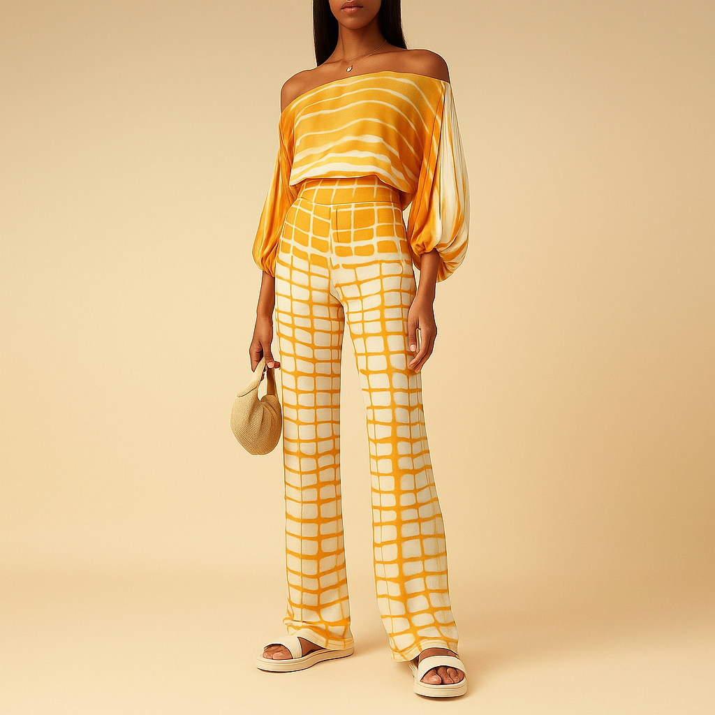 Women’s two-piece off-shoulder set with balloon-sleeve top and wide-leg pants, ideal for summer evenings, holidays, and elegant daily outfits.