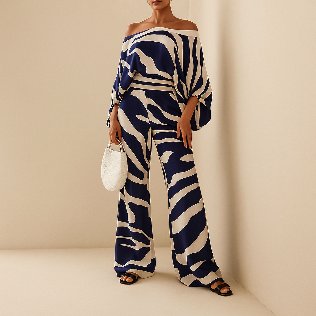 Women’s two-piece off-shoulder set with balloon-sleeve top and wide-leg pants, ideal for summer evenings, holidays, and elegant daily outfits.