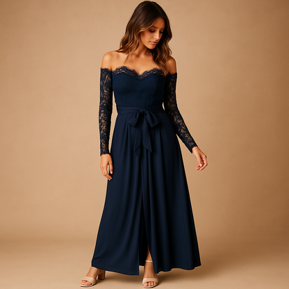 Women’s off-shoulder lace jumpsuit in navy blue with wide-leg slits, perfect for galas, evening events, and formal occasions.