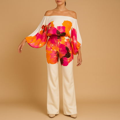 Off-shoulder balloon sleeve top and wide-leg pants set for women, perfect for summer evenings, holidays, or elegant daily wear.