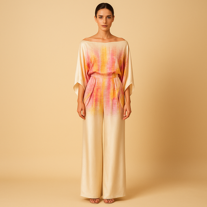 Women’s elegant two-piece summer set with off-shoulder blouse and wide-leg pants, perfect for dinners, vacations, and stylish everyday wear.