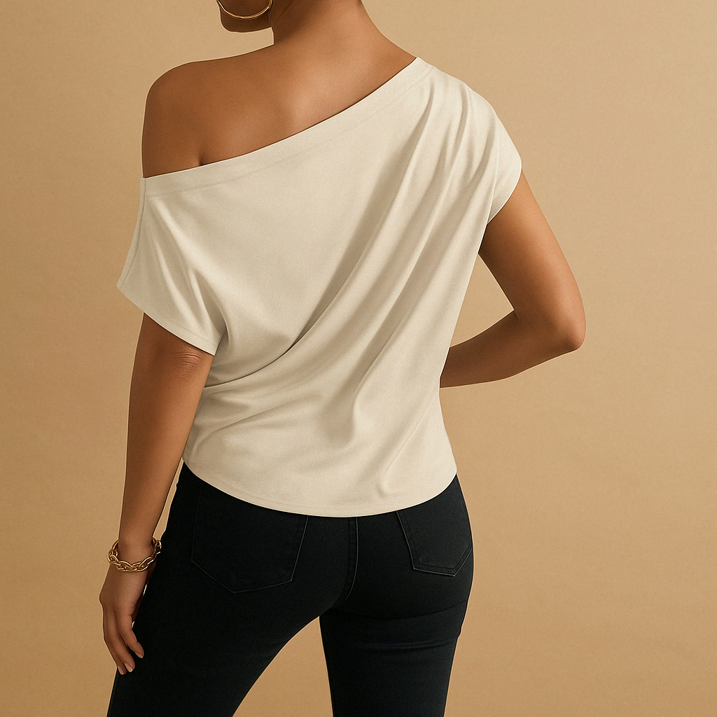 Elegant off-shoulder batwing top for women in beige with a loose fit and chic silhouette, perfect for summer days or evenings out.