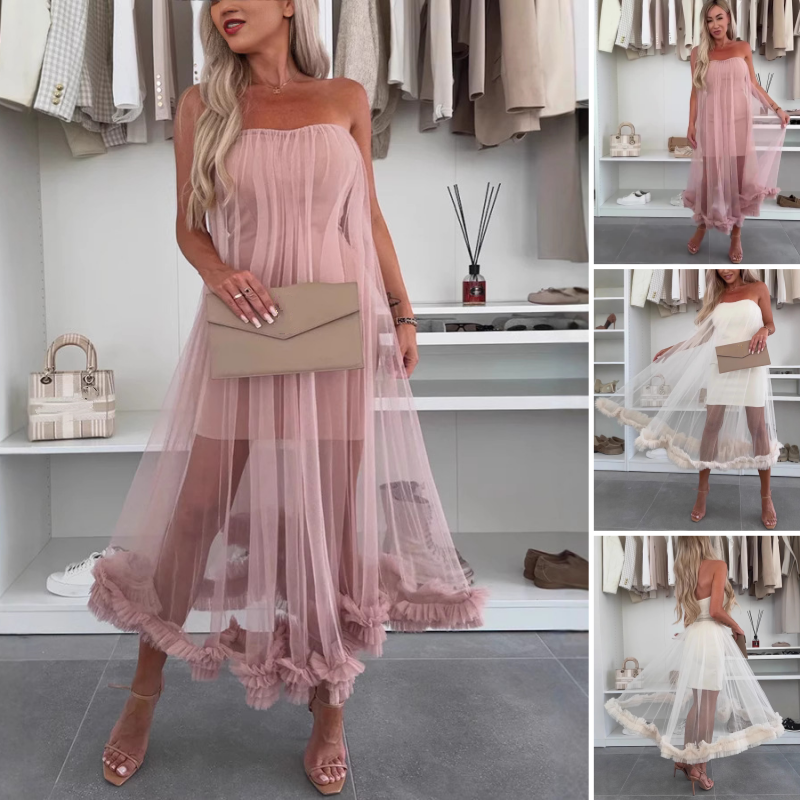 Chic Ruffled Cold Shoulder Tulle Dress - Pexav