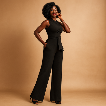 Elegant one-shoulder jumpsuit for women with wide-leg fit and asymmetric neckline, perfect for summer events, cocktail parties, or special dinners.