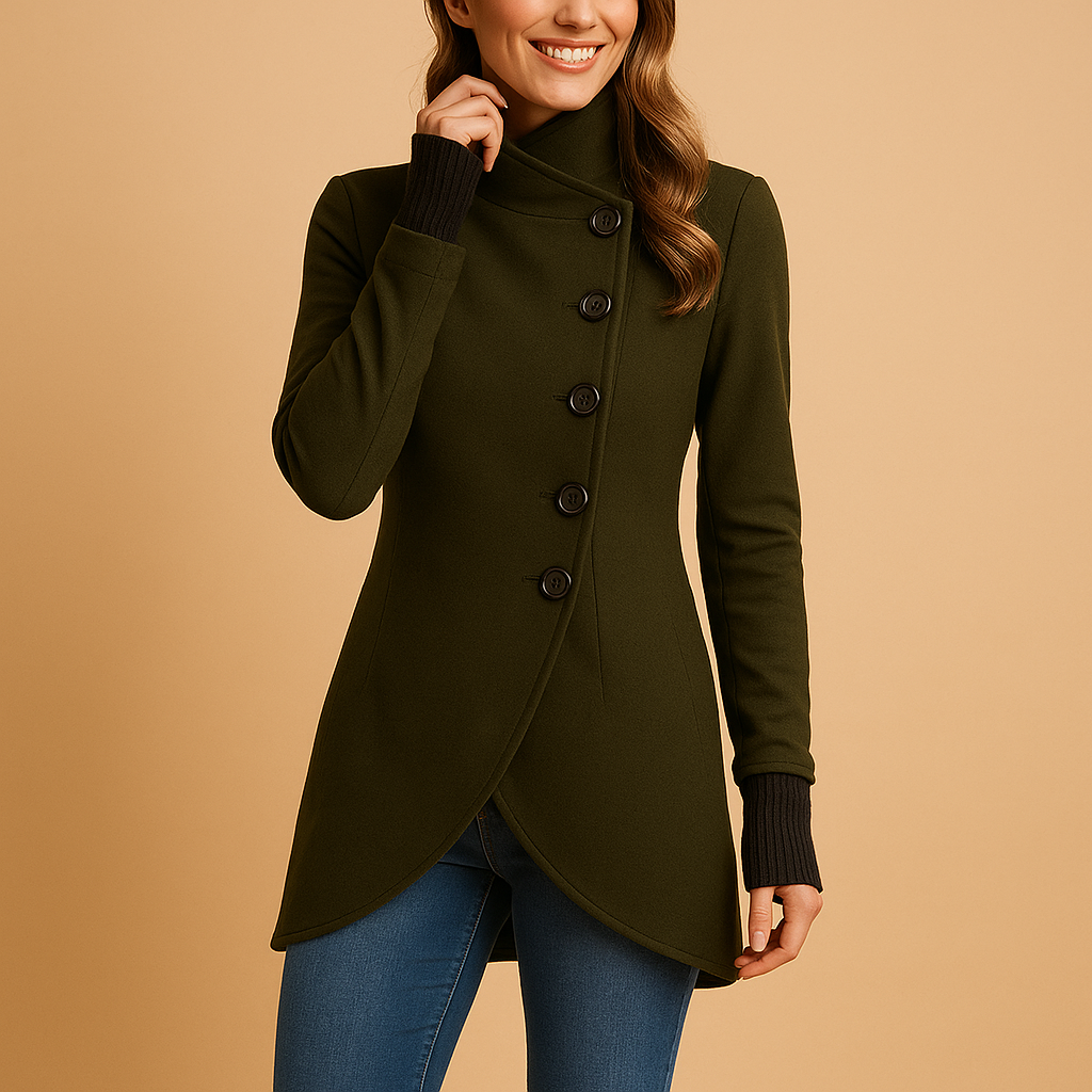 Women’s oversized asymmetrical button jacket with extended fit and decorative buttons, suitable for winter layering and everyday or elegant outfits.