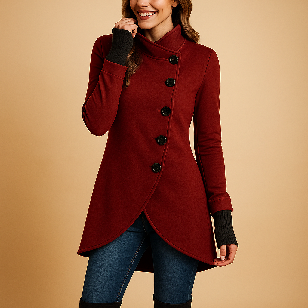 Oversized asymmetrical winter coat for women with diagonal button closure and long silhouette, ideal for layering and cold-weather wear.
