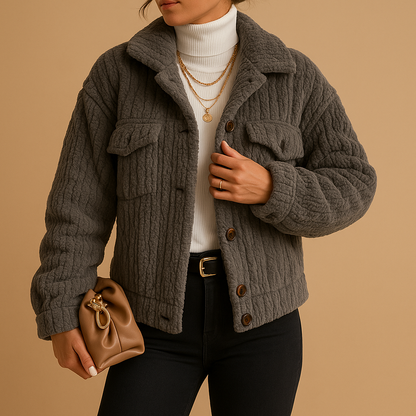 Women’s oversized boxy jacket with pearl buttons and seamless flap pockets, suitable for transitional seasons, layering, and everyday outfits.