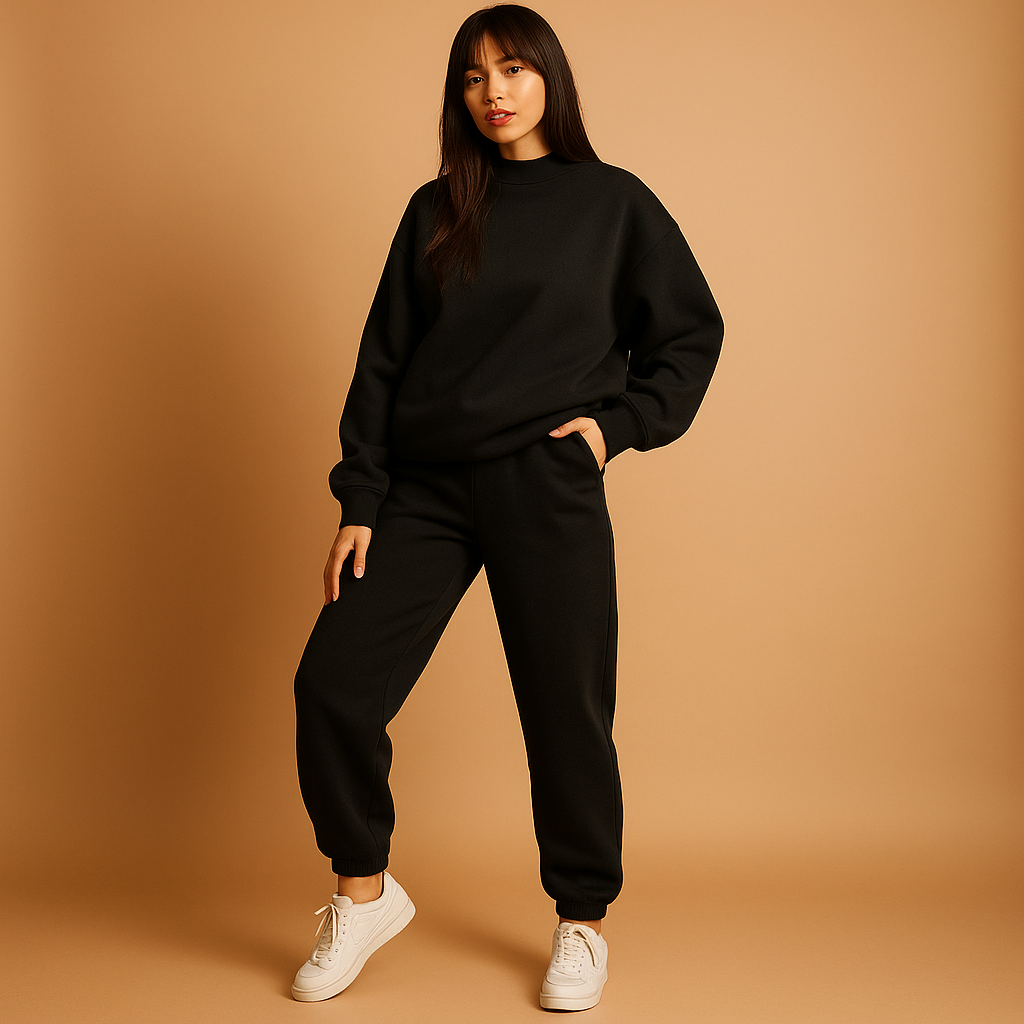Oversized hoodie and jogger set for women with soft fabric and relaxed fit, available in beige, black, grey, light green, blue, pink, light blue, white, and dark green.