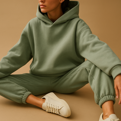 Oversized hoodie and jogger set for women with soft fabric and relaxed fit, available in beige, black, grey, light green, blue, pink, light blue, white, and dark green.