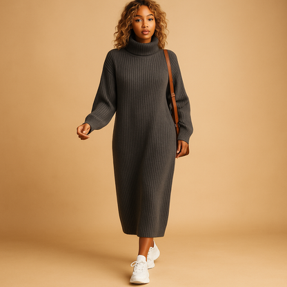Oversized knitted sweater dress for women with long sleeves and soft fabric, perfect for autumn walks, cozy winter days, and casual outings.