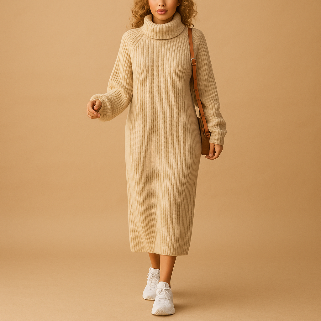 Oversized knitted sweater dress for women with long sleeves and soft fabric, perfect for autumn walks, cozy winter days, and casual outings.