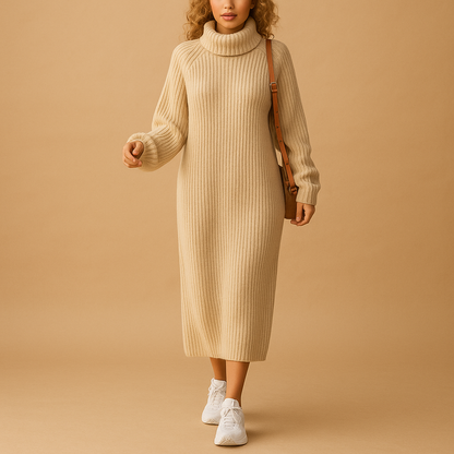 Oversized knitted sweater dress for women with long sleeves and soft fabric, perfect for autumn walks, cozy winter days, and casual outings.