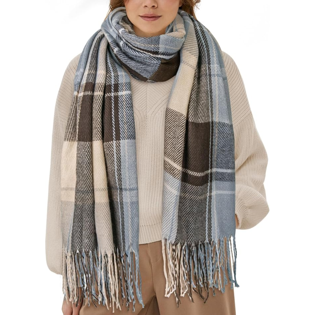 Oversized Winter Scarf - CozyPlaid-Light Brown Blue-Nora Luxe