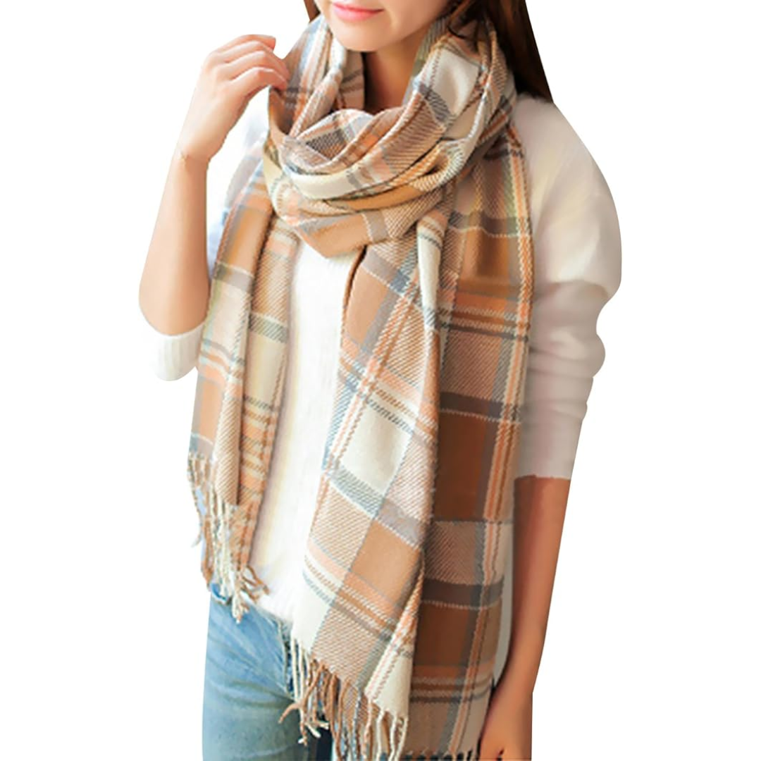 Oversized Winter Scarf - CozyPlaid-Light Brown-Nora Luxe