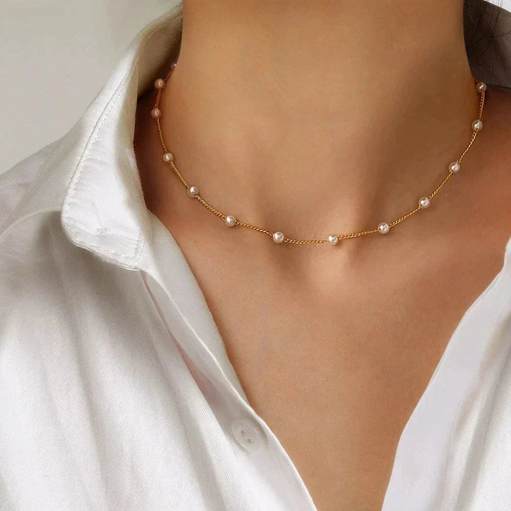Luxurious Golden Pearl Chain Necklace - Olytrend